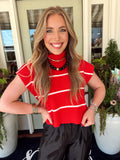 Red and white striped short sleeve cropped turtleneck sweater 
