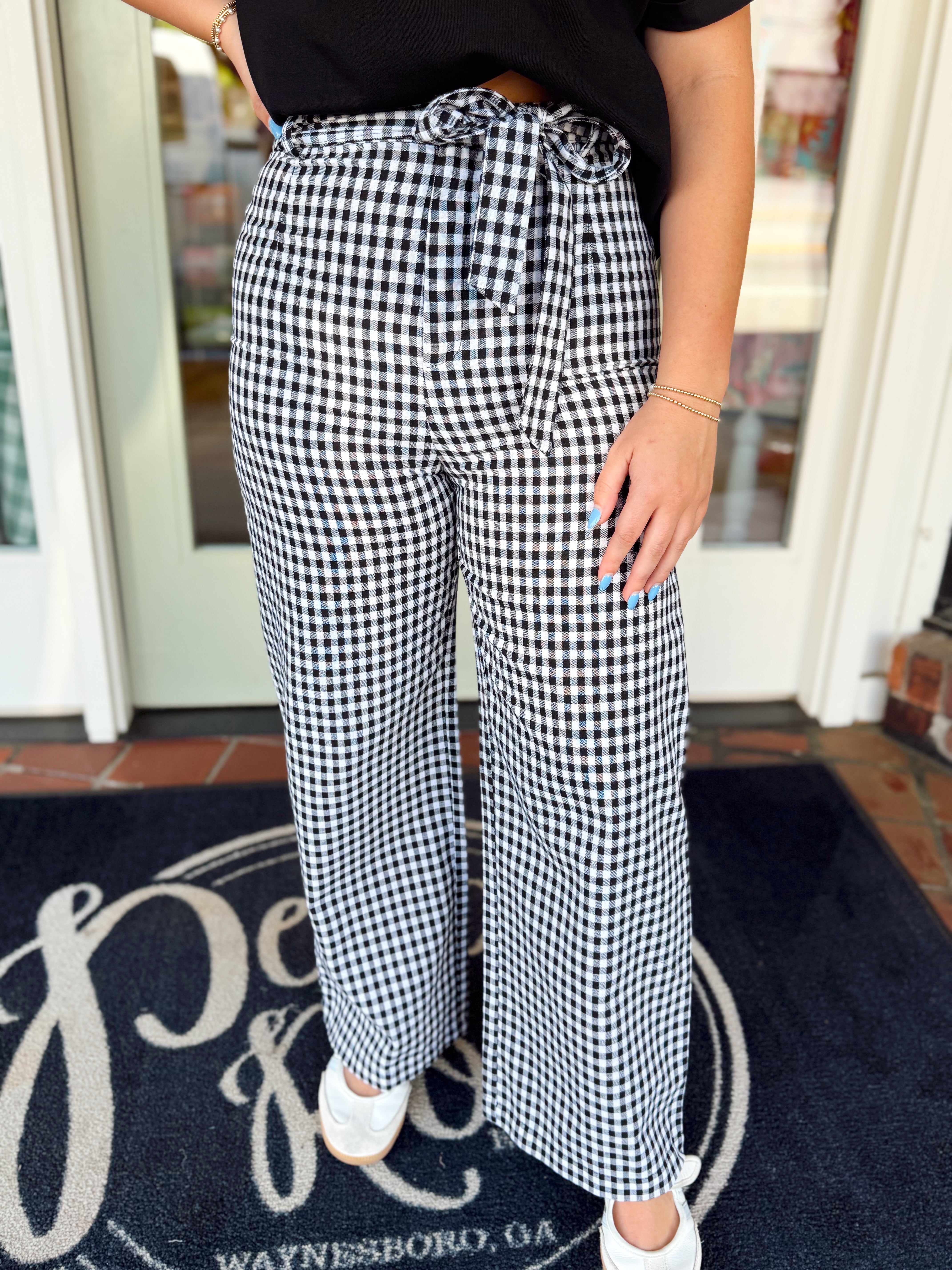 Black and white gingham tie waist pants 