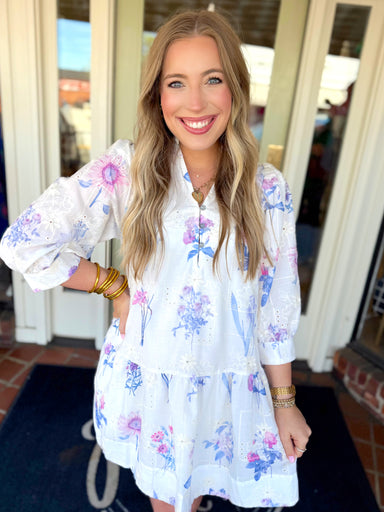 White eyelet dress with blue and purple florals 