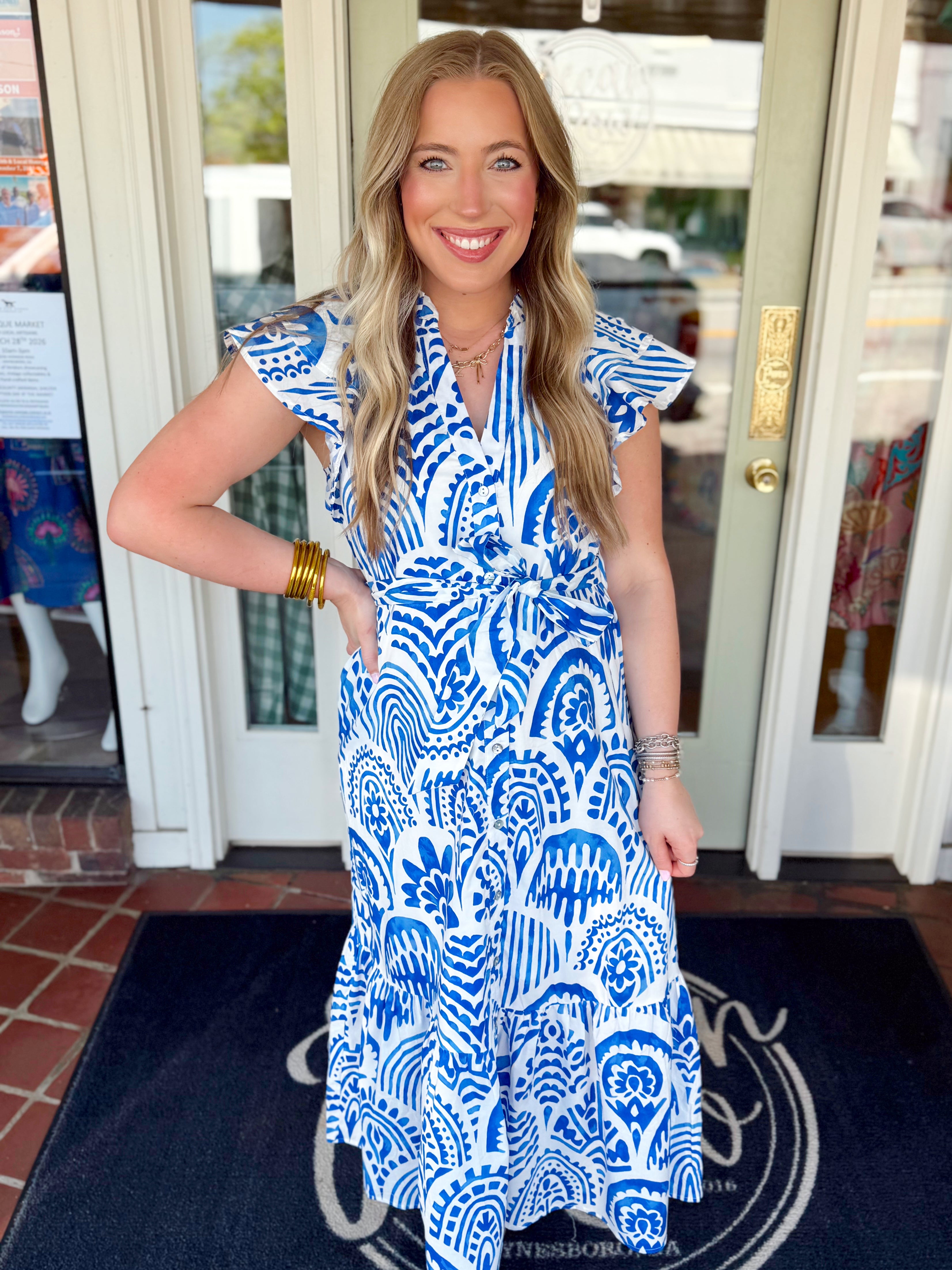 Blue and white botanical print midi dress 