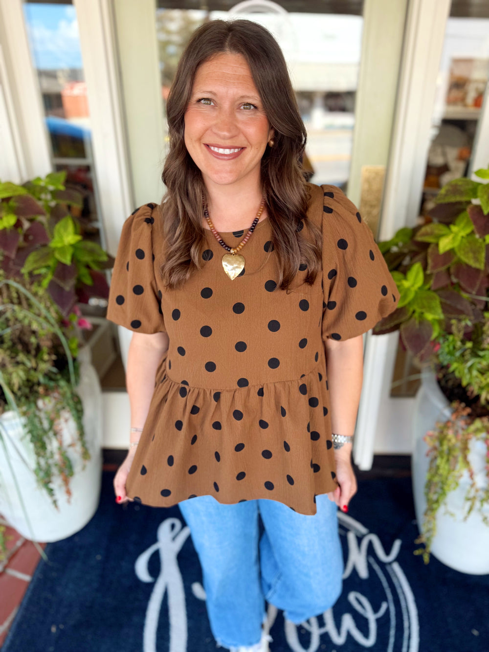 Brown polka dot top with puff sleeves 