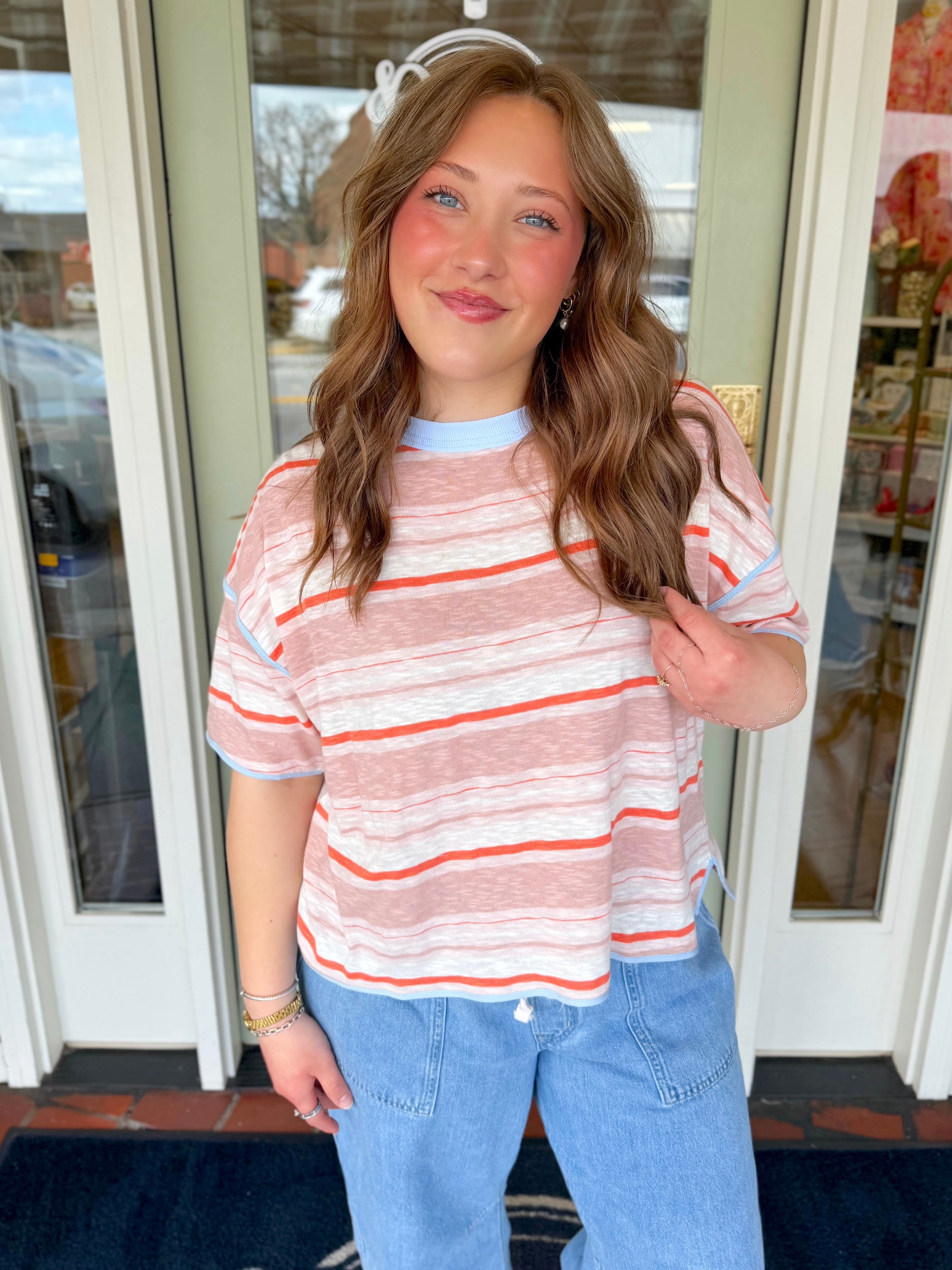 Jules coral and cream striped cropped top