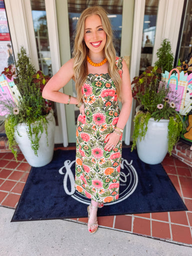 Coral, green, and orange floral mix dress with scallop trim 