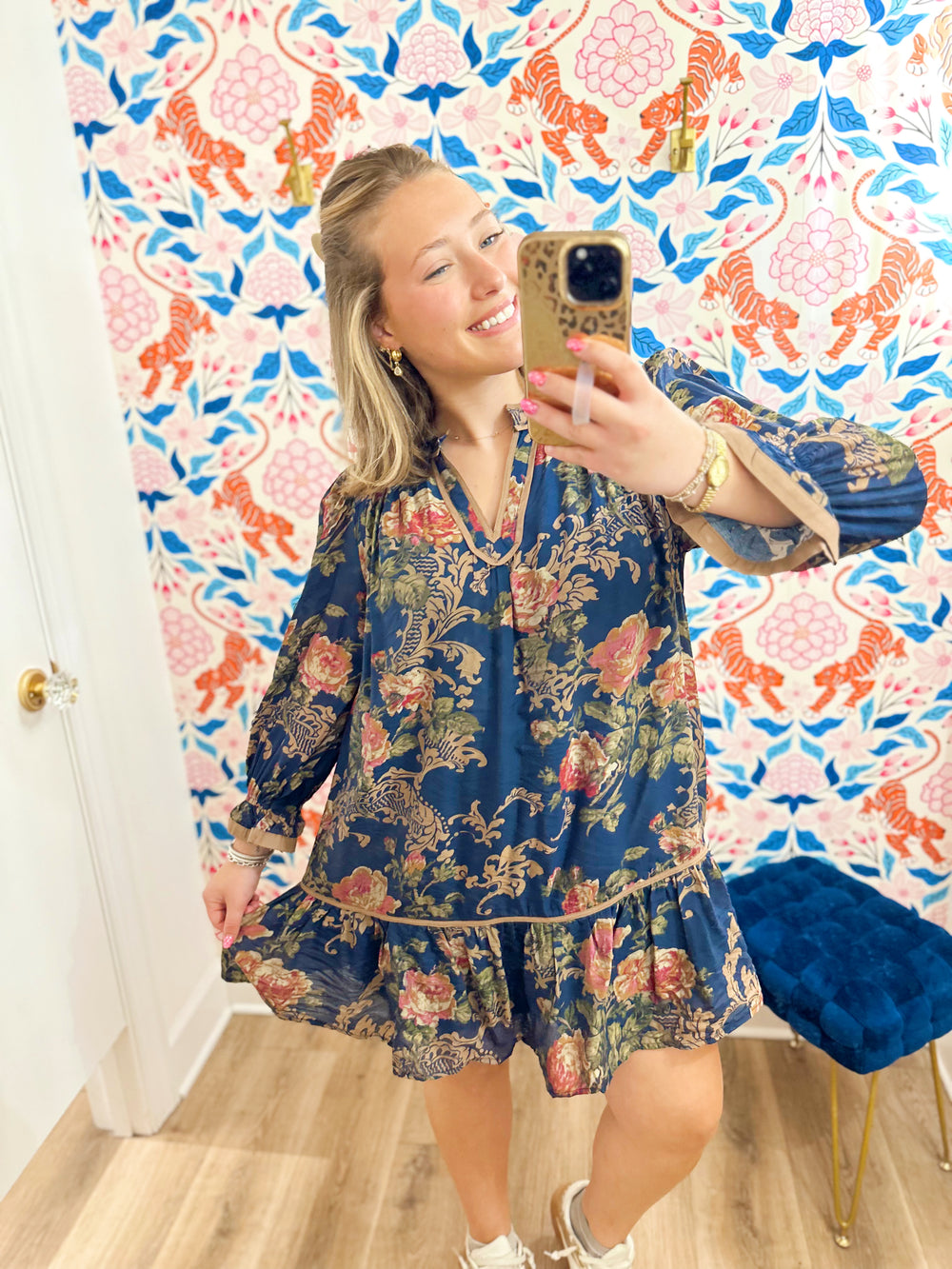 A navy mini dress with an allover floral print 