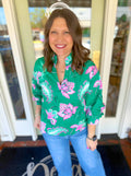 Green v-neck top with pink florals 