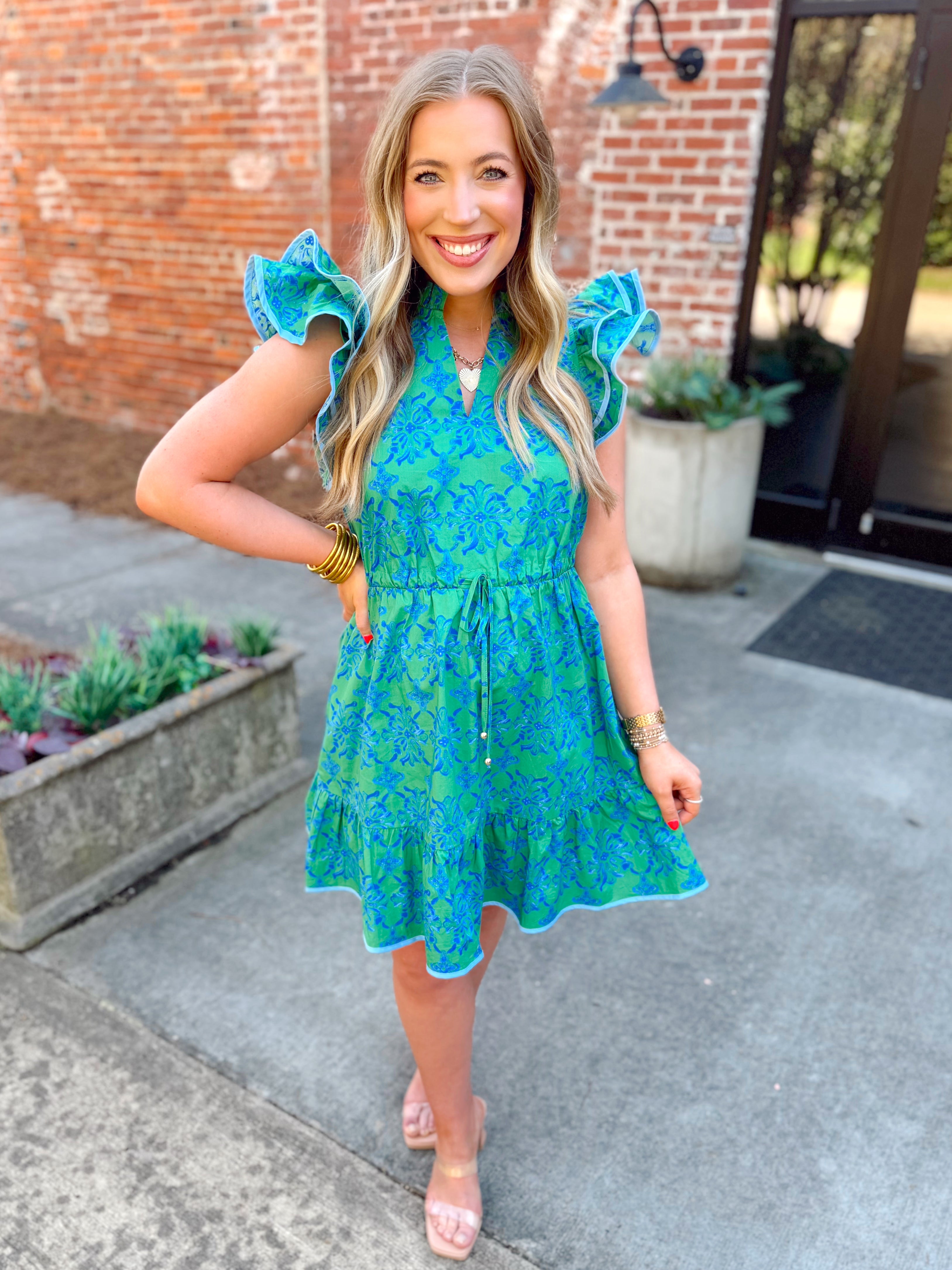 Green and blue floral flutter sleeve mini dress 