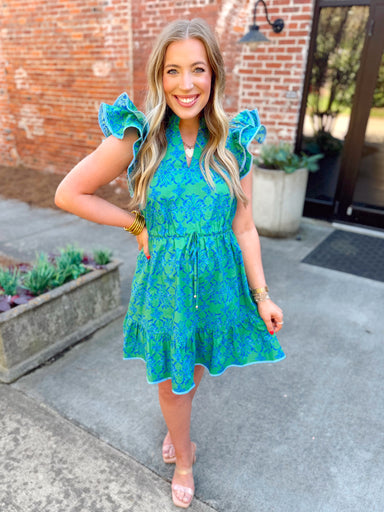 Green and blue floral flutter sleeve mini dress 