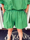 green bottoms with blue polka dots