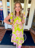 Chartreuse and pink floral eyelet midi dress with front tie
