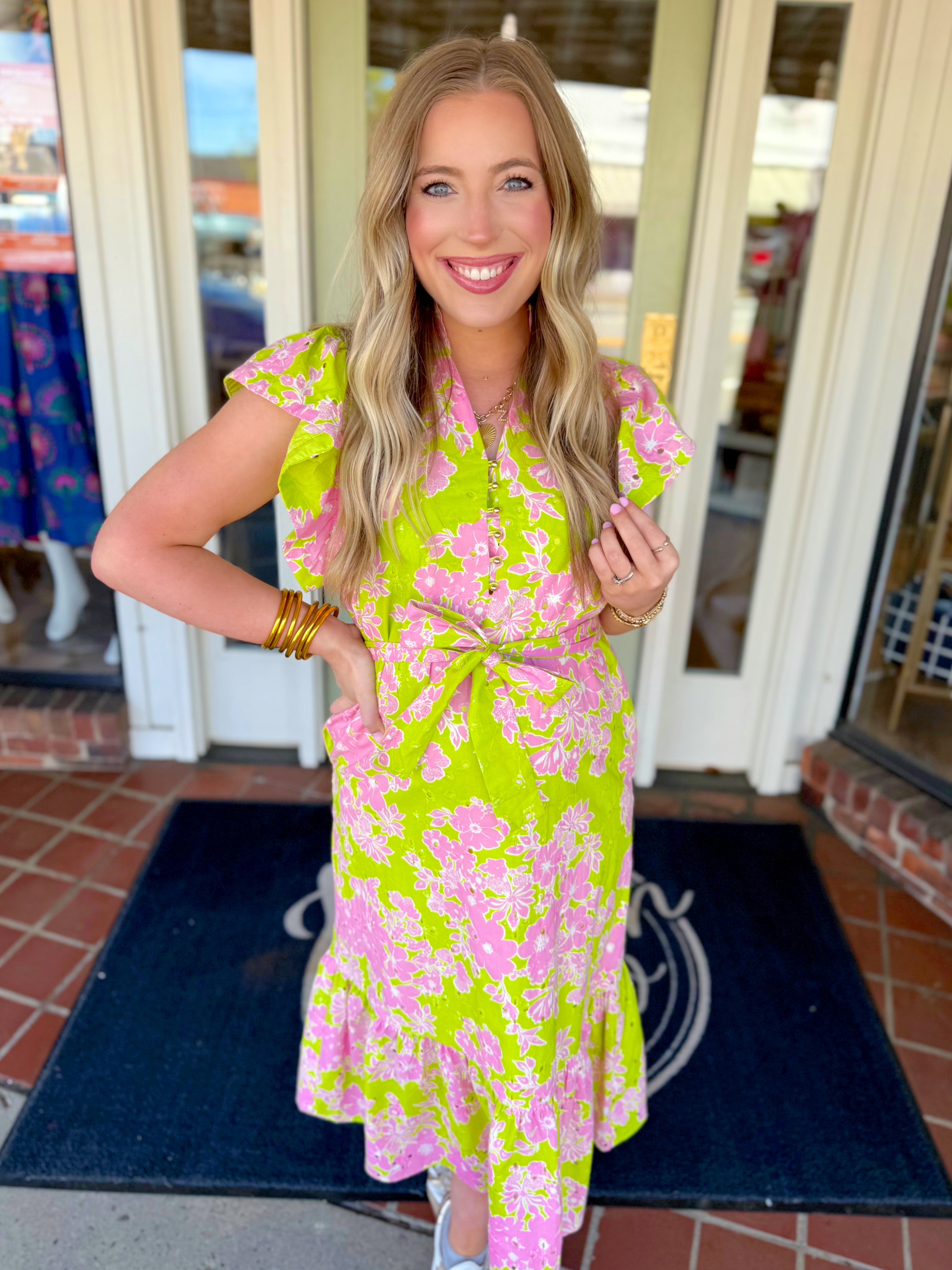 Chartreuse and pink floral eyelet midi dress with front tie
