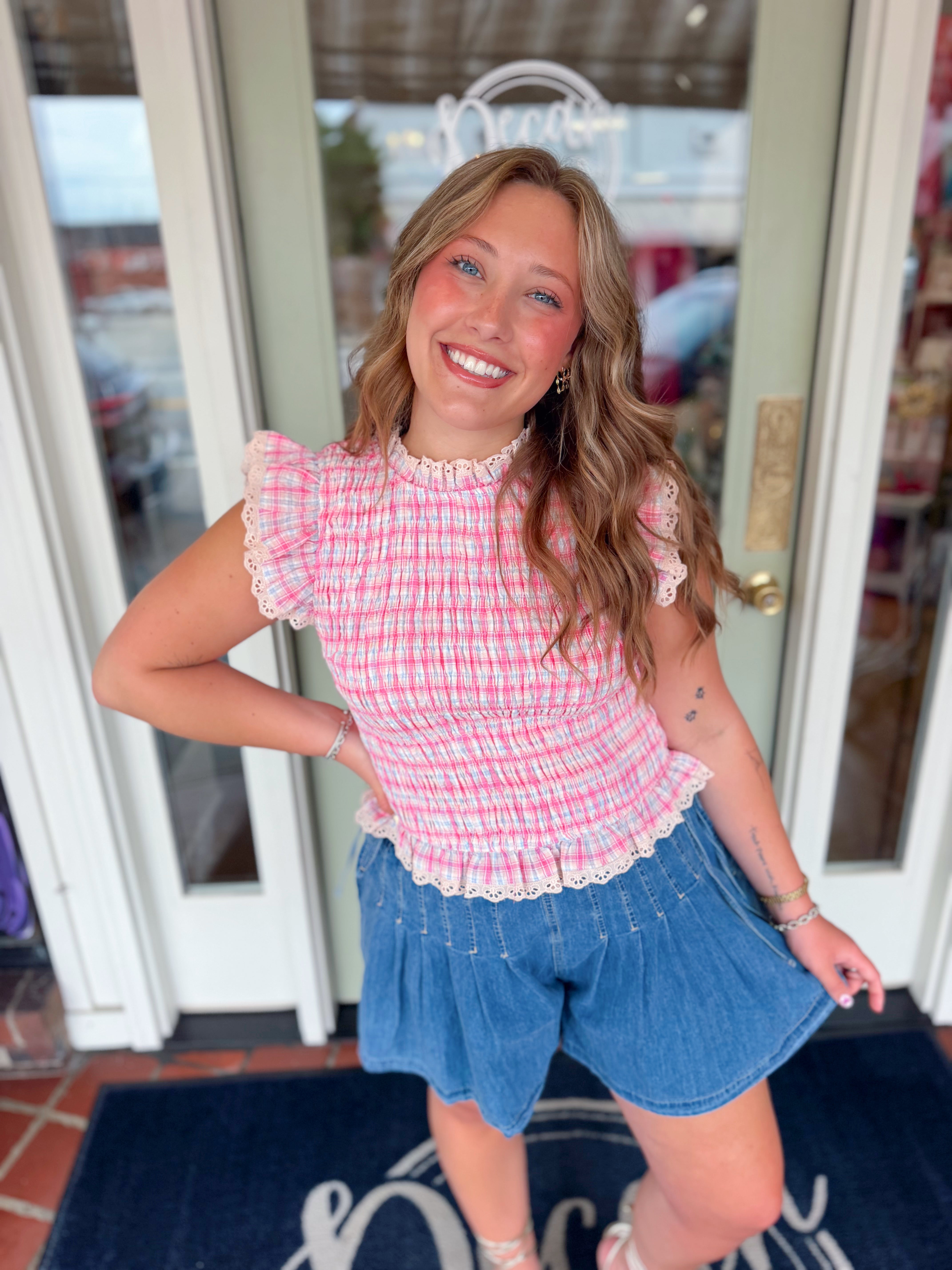 pink checkered top with lace