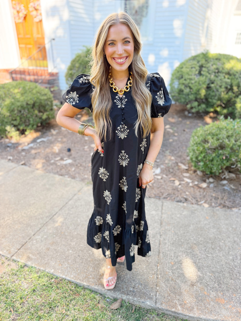 Botanical embroidery short puff sleeve midi dress featuring ruffled accent neck band collar.