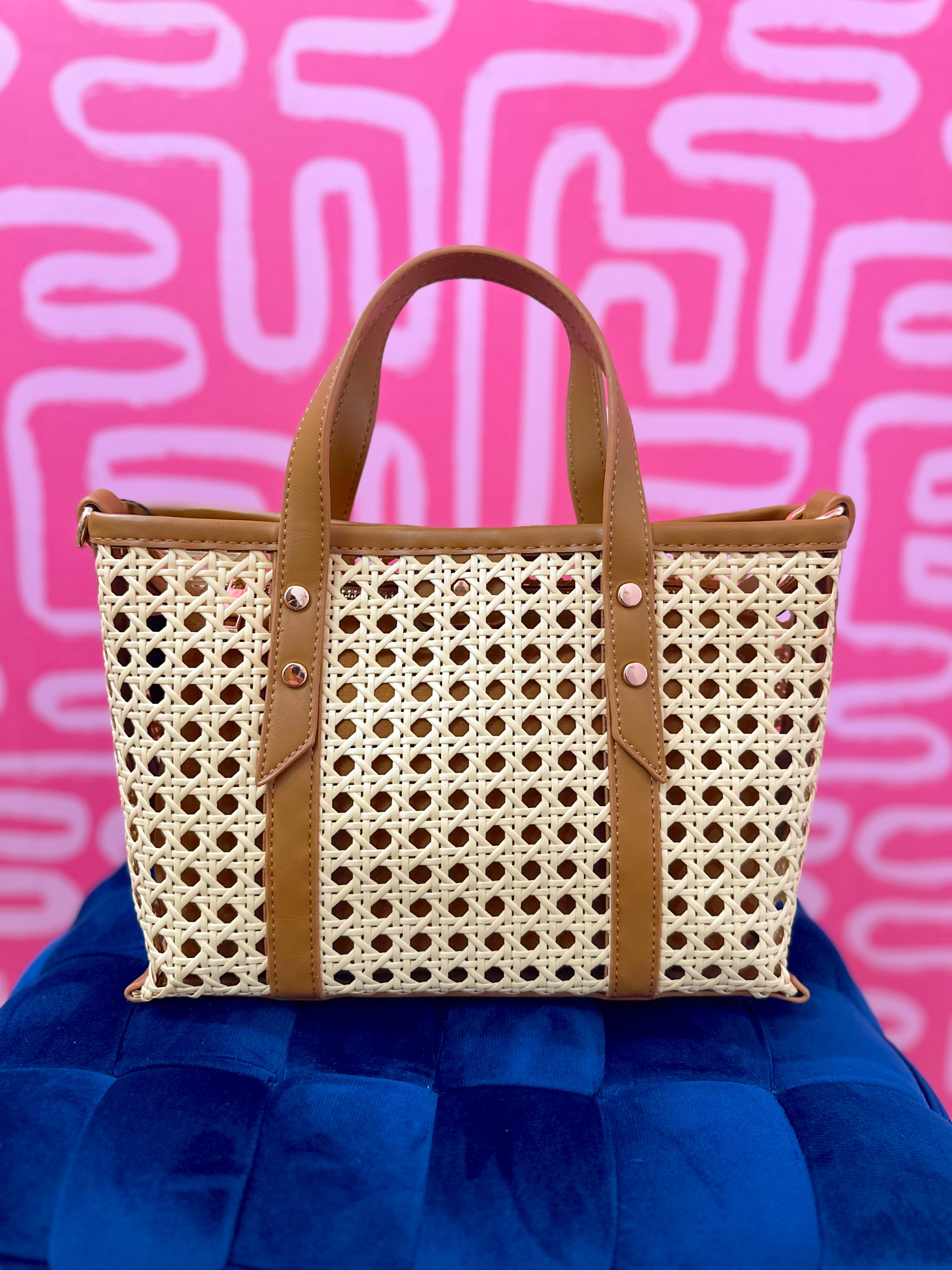 Woven handbag with brown handles