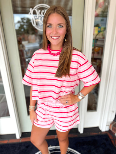 Pink round neck striped boxy cropped top