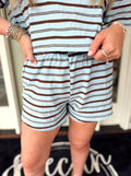 Blue and mocha striped shorts with and elastic waistband
