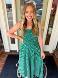 Green polka dot midi dress with smocking 