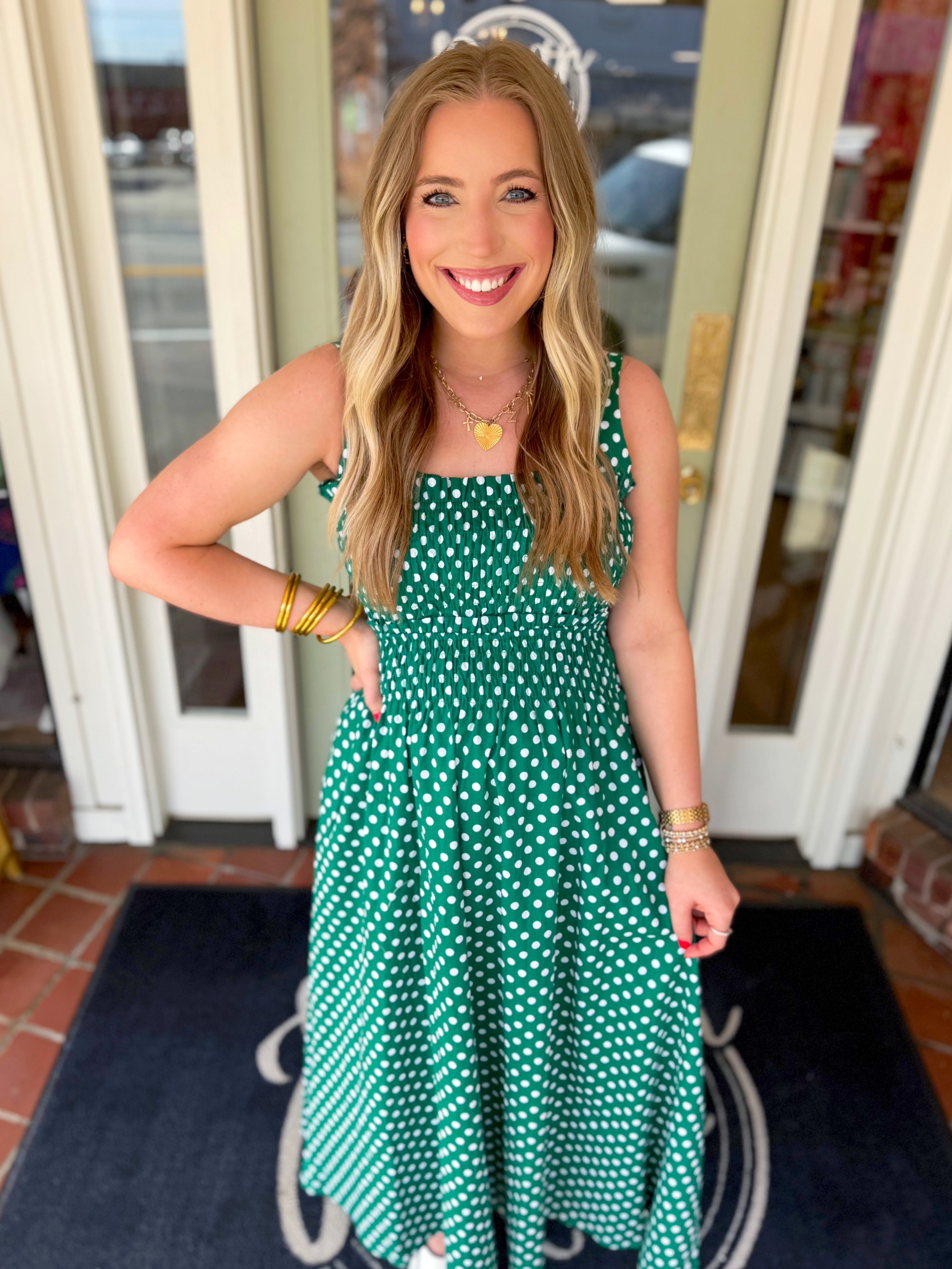 Green polka dot midi dress with smocking 