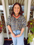 Navy, green, and brown floral mix button down top