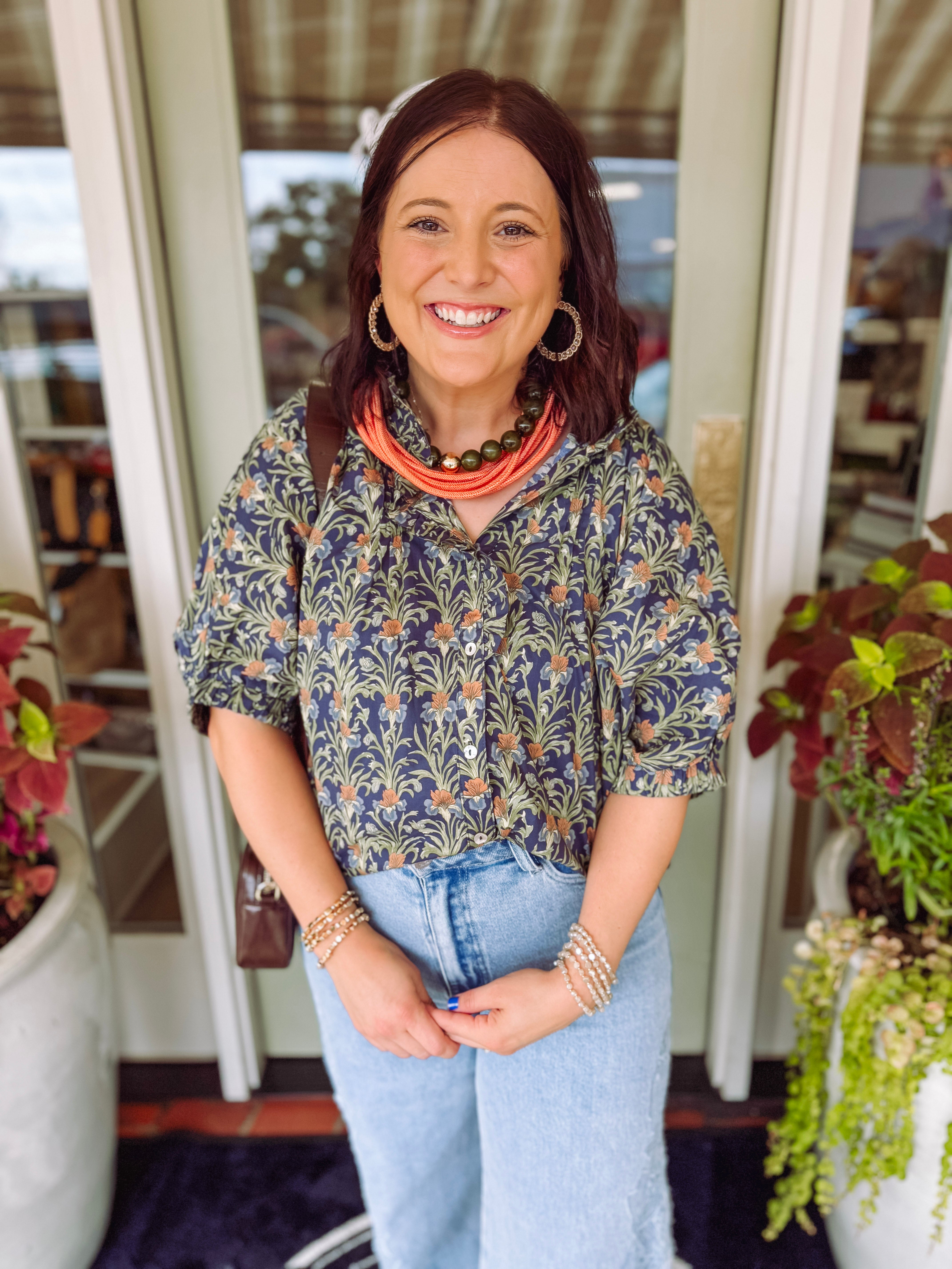 Navy, green, and brown floral mix button down top
