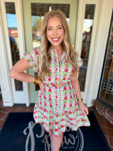 Floral patterned mini dress with an adjustable belt 