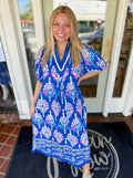 Blue patterned floral midi dress
