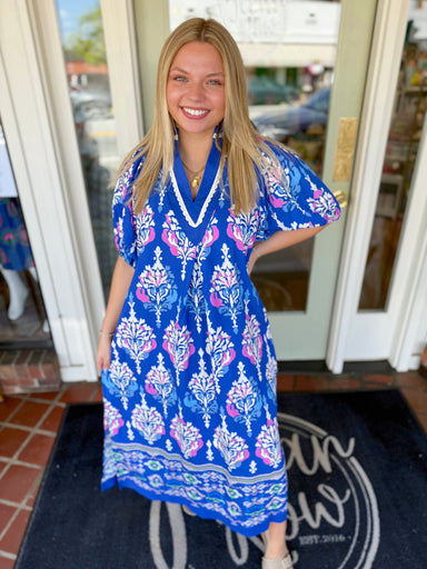 Blue patterned floral midi dress