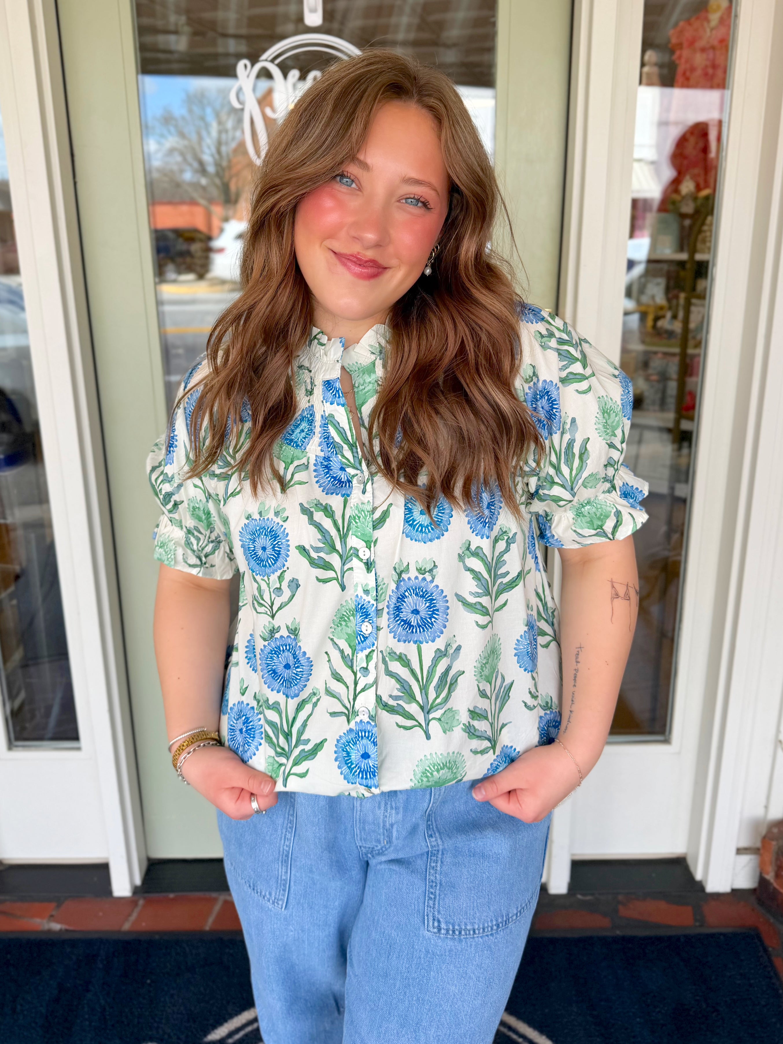 Blue and green mix floral top with puff sleeves 