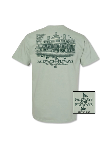 green tee with golf club house on the back 