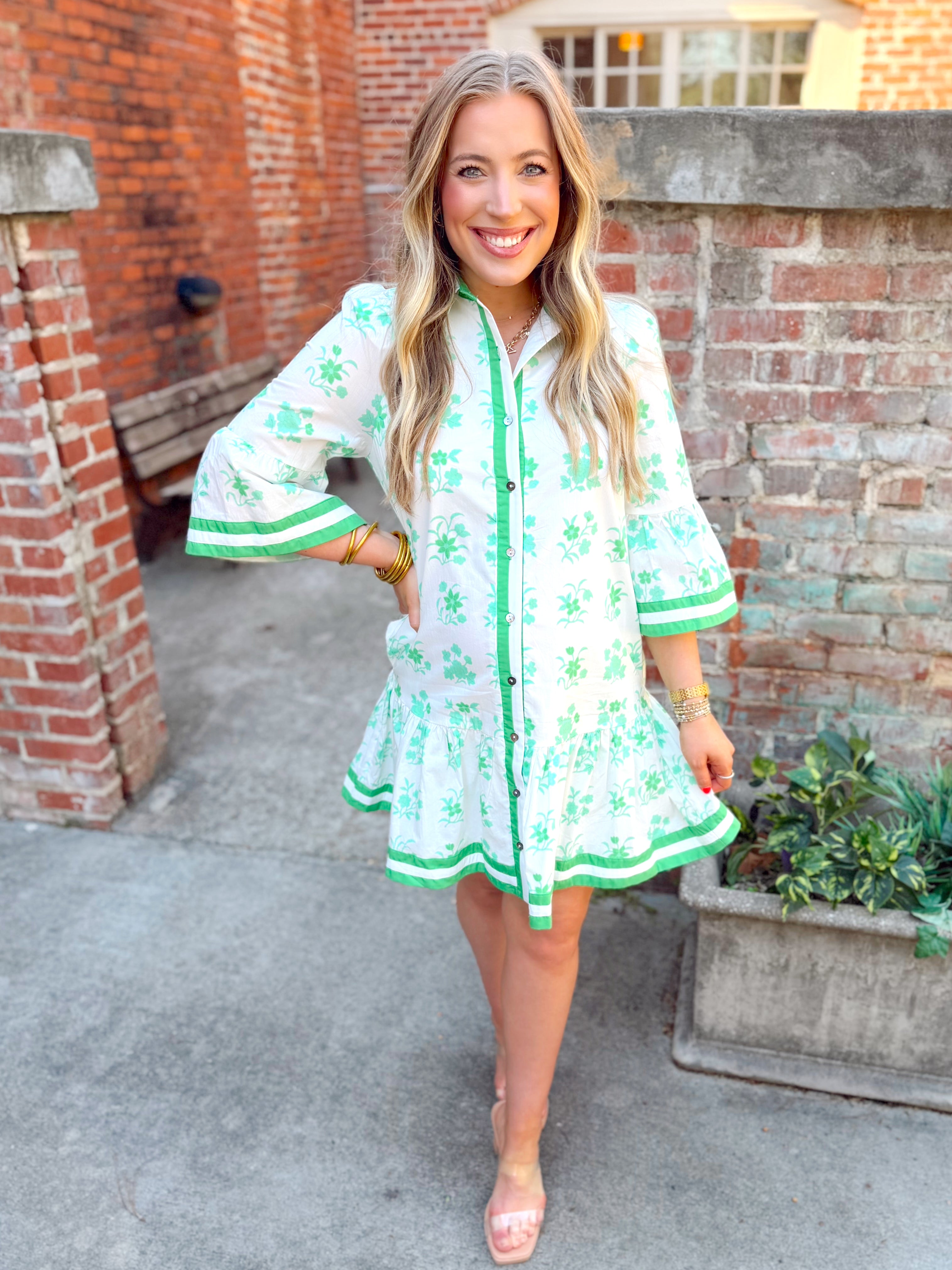 Green and white floral printed dress 