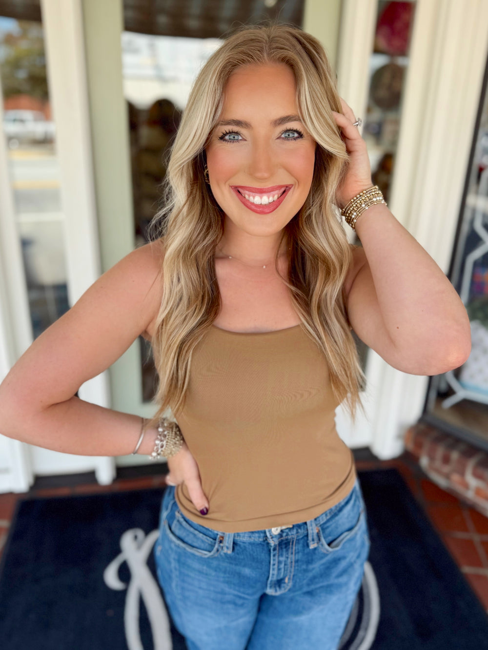 Basic square neck top in caramel 