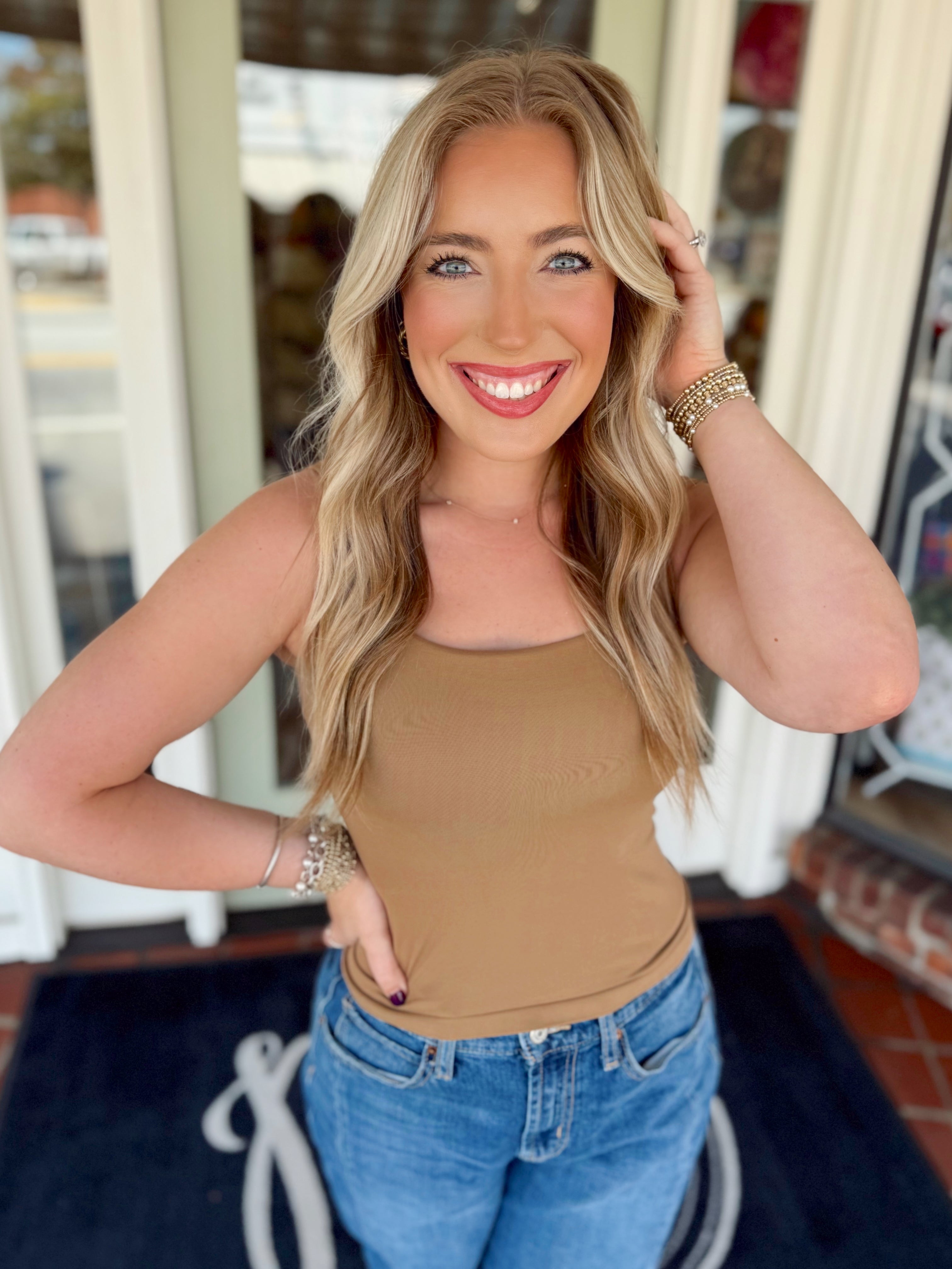 Basic square neck top in caramel 