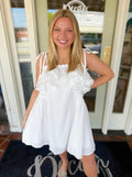 White ruffle mini dress with tie straps 