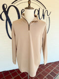  This lightweight quarter-zip pullover features a soft, smooth feel in a versatile tan neutral with a classic stand collar and tonal zipper detail. 