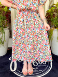 A colorful midi skirt with an elastic waistband