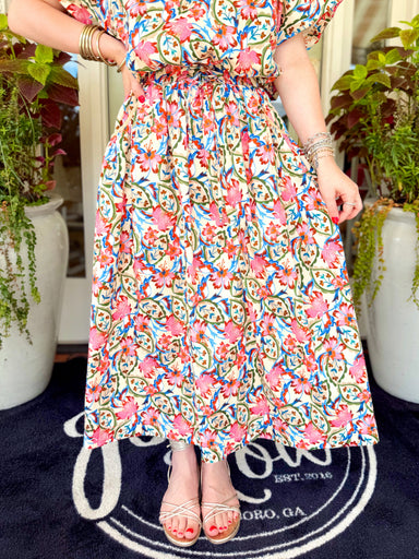 A colorful midi skirt with an elastic waistband
