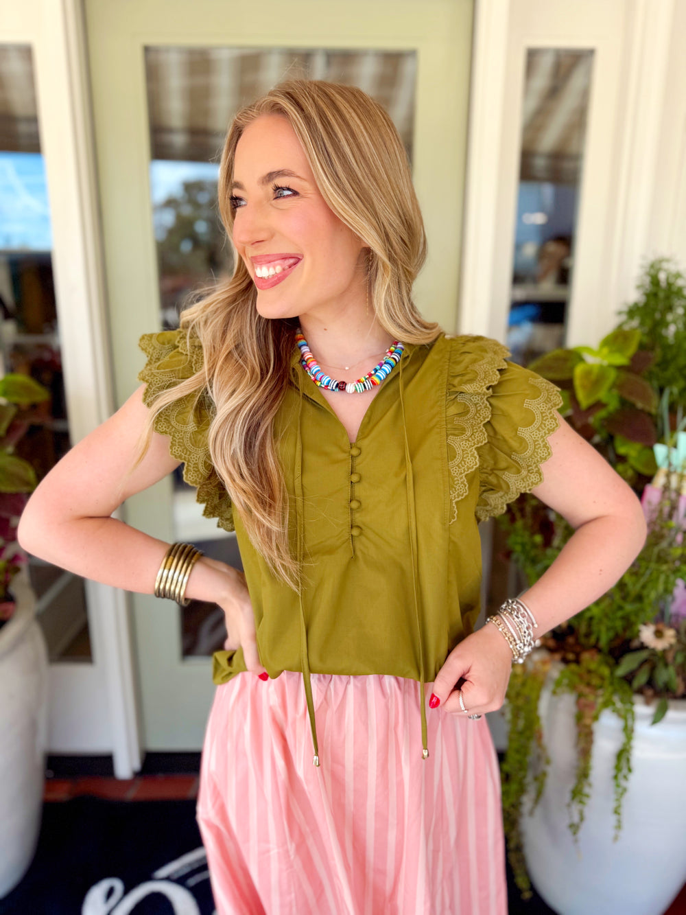 Martini layered ruffle sleeve eyelet trim top