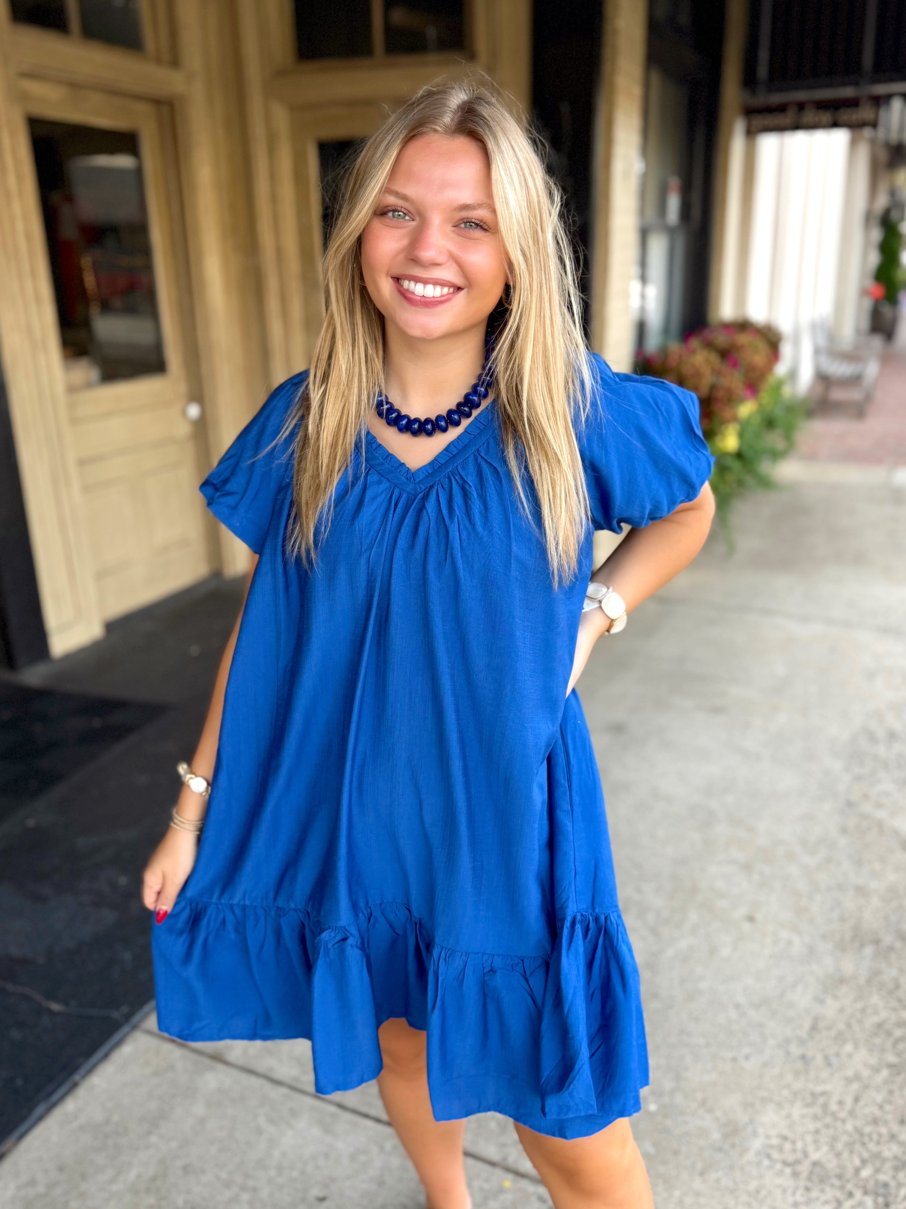 The Mimi Blue V-Neck Dress (S-L) — Pecan Row