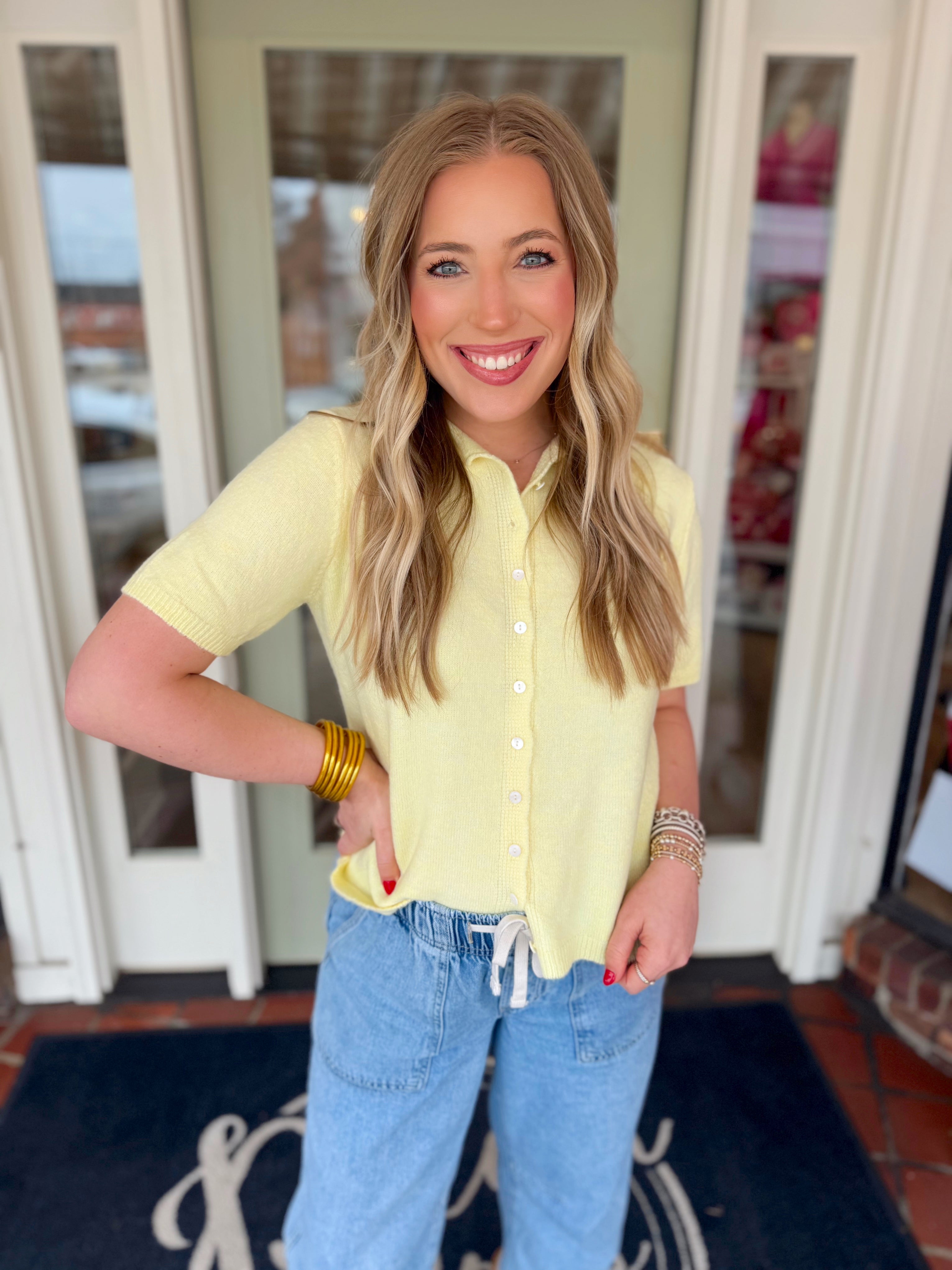 Yellow button down sweater that can also be worn as a cardigan