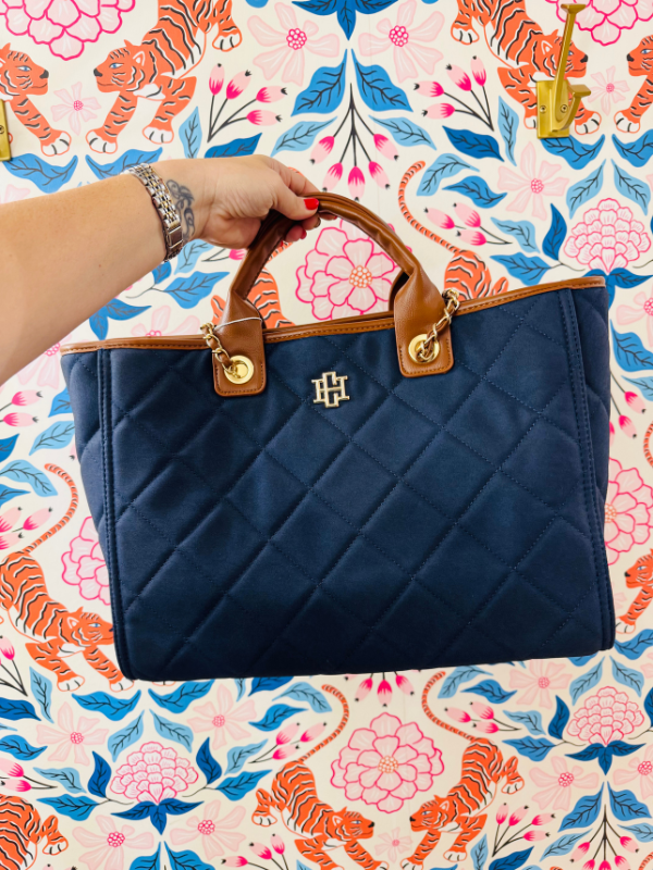 Blue quilted tote with handles and chain straps 
