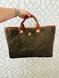 Green quilted large tote with handles and  chain strap