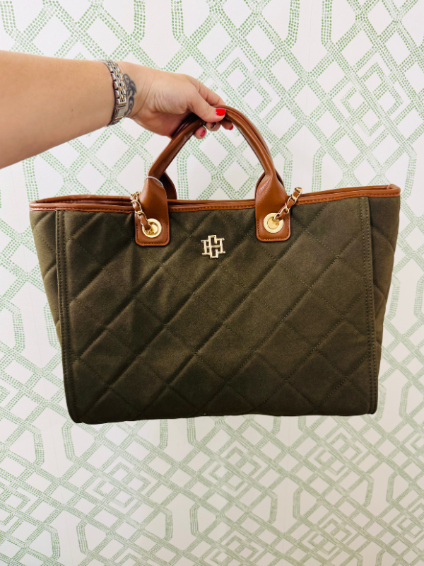 Green quilted large tote with handles and  chain strap