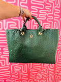 green hand bag with handles and chains straps