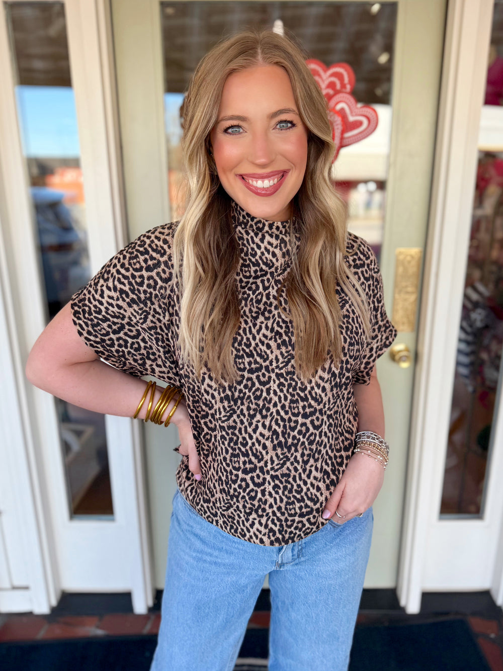 Leopard mock neck top with dolman sleeves
