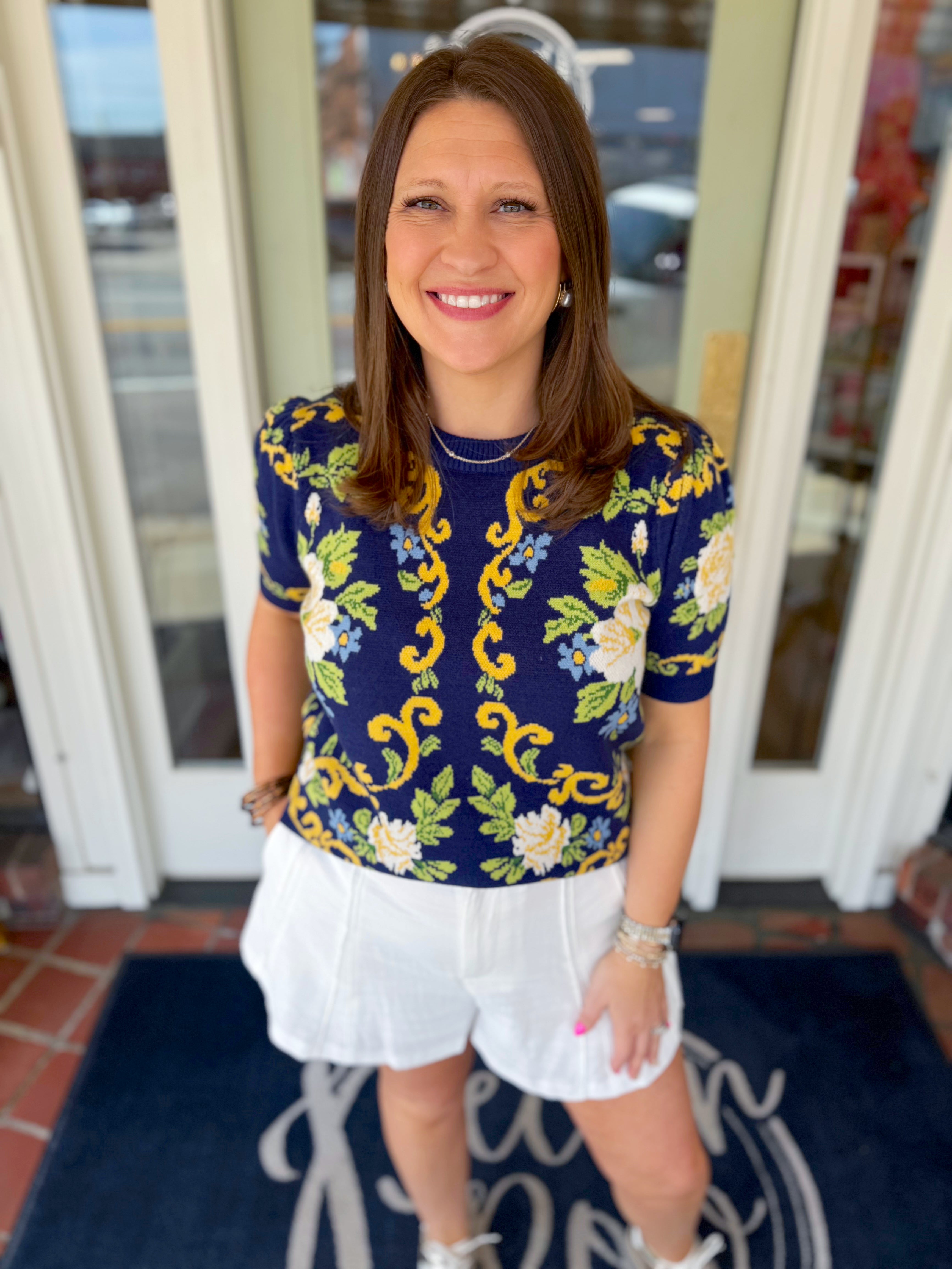 Navy floral short sleeve sweater