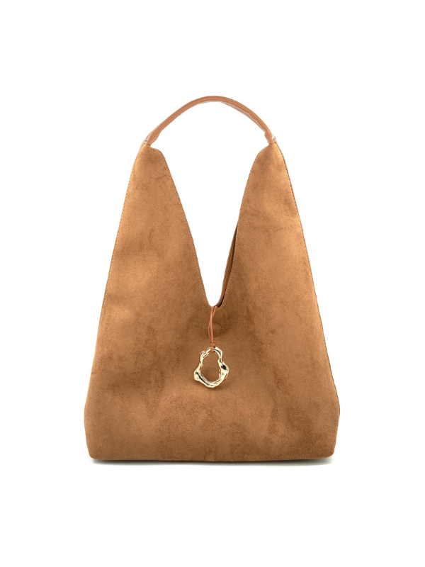 This camel hobo bag features a soft suede-like finish, relaxed oversized silhouette, and an easy shoulder strap for everyday wear.