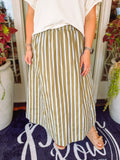 Green and light blue striped A-Line skirt with pockets