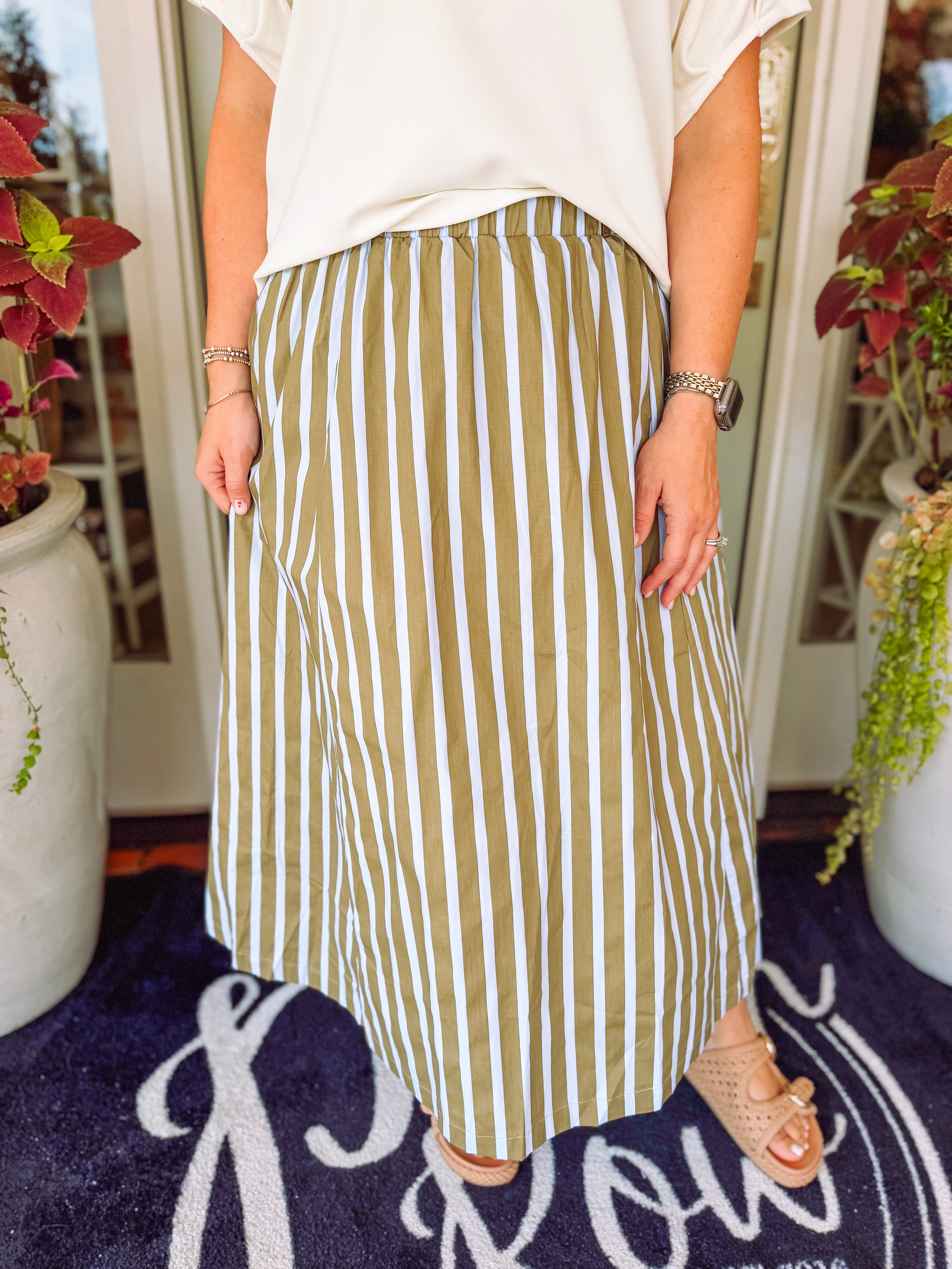 Green and light blue striped A-Line skirt with pockets