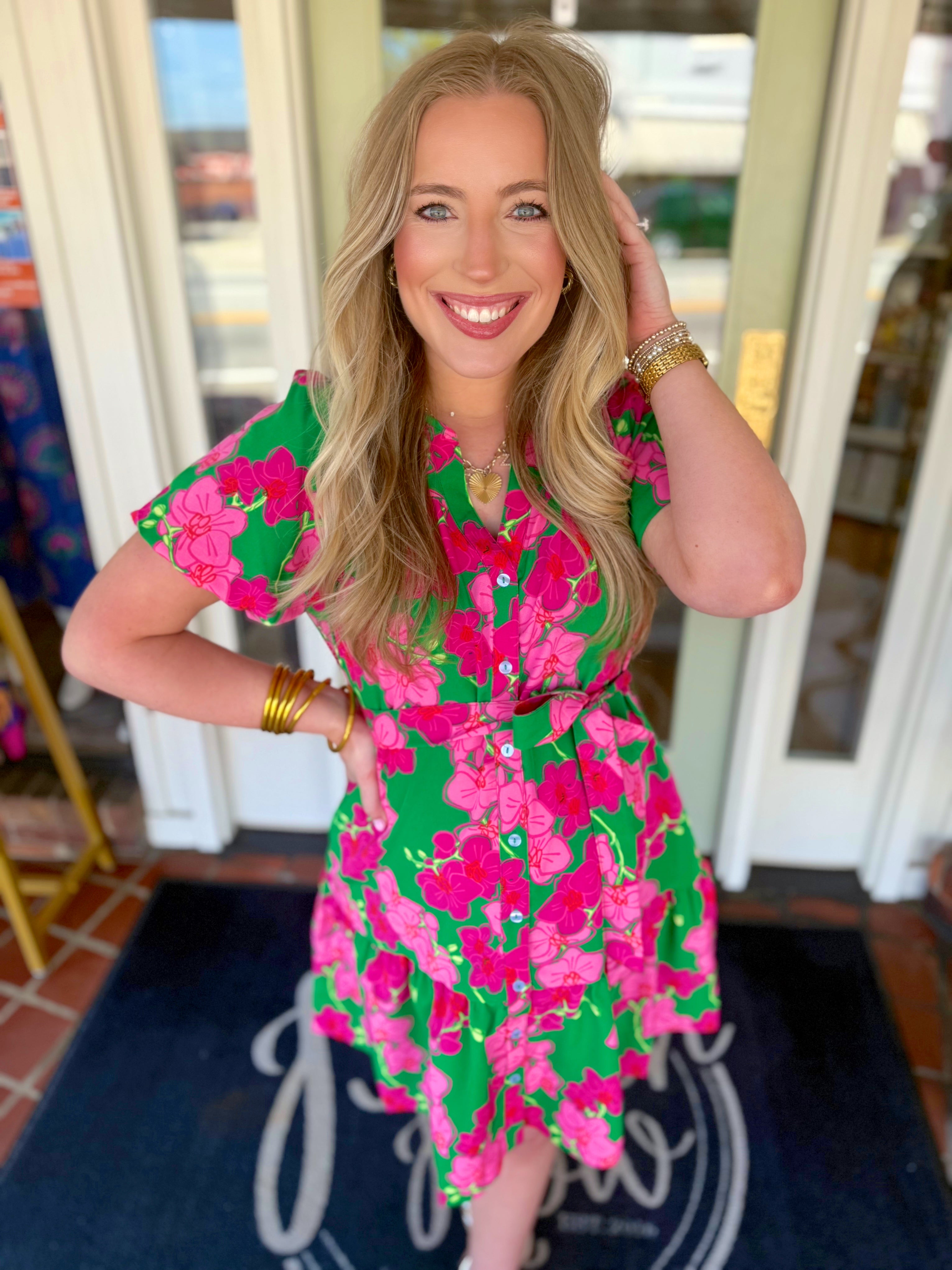 Pink and green floral button down dress with tie detailing