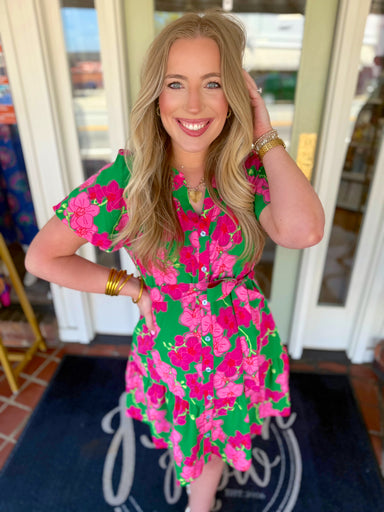 Pink and green floral button down dress with tie detailing