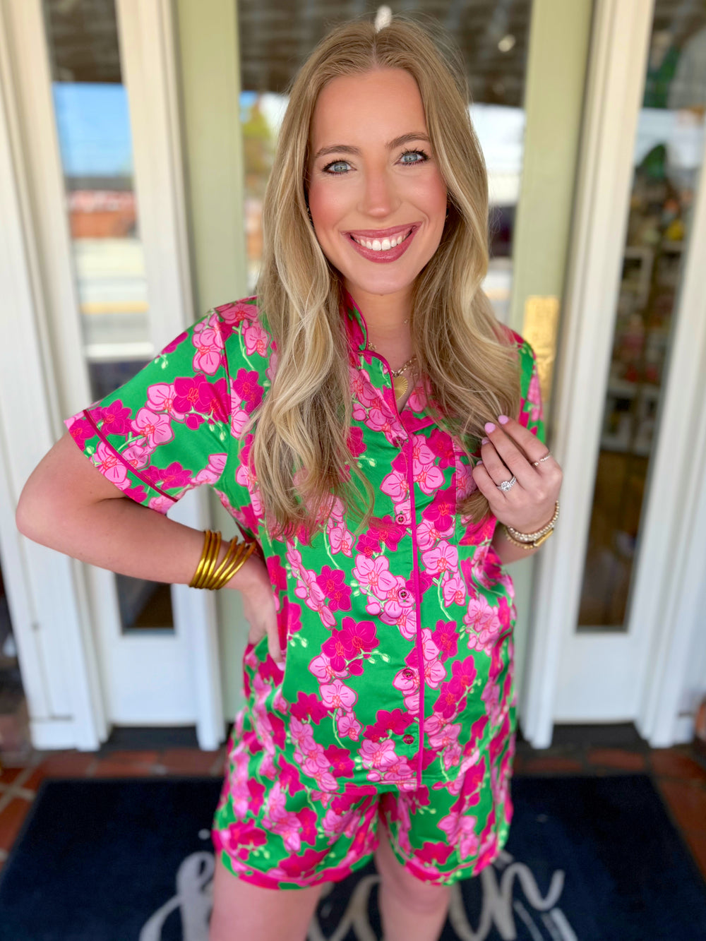 Green and pink satin floral pajama set 